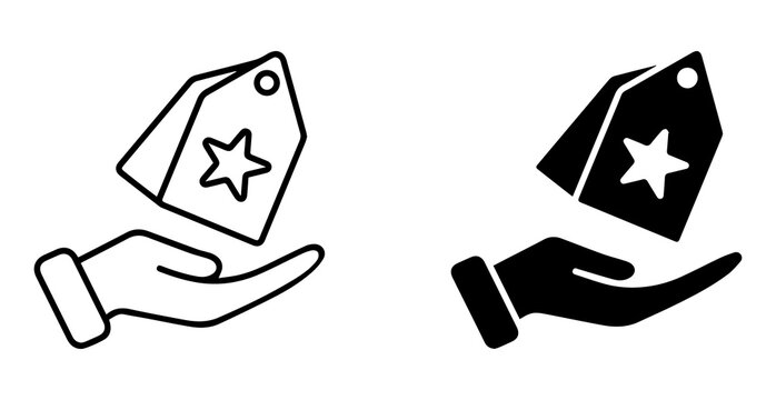 hand holding price tag icon with star symbol in outline and solid style representing discount offer sale and shopping concept isolated png design.