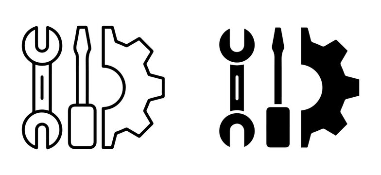 mechanical tools and gear icon. wrench and screwdriver in blue outline and solid style. representing repair engineering maintenance service isolated png design.