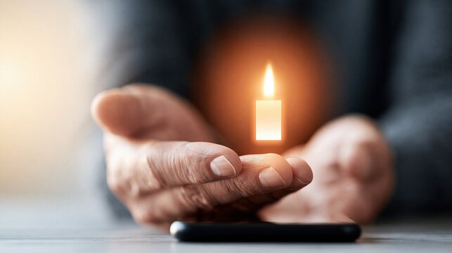 A person holds a glowing digital candle in their cupped hands above a smartphone, symbolizing virtual prayer or online remembrance.