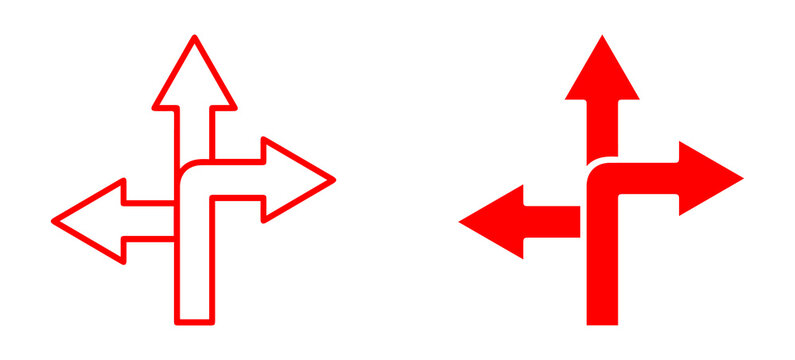 multi direction arrow sign icon showing navigation paths and route selection in red outline and solid style for decision making concept isolated png design.