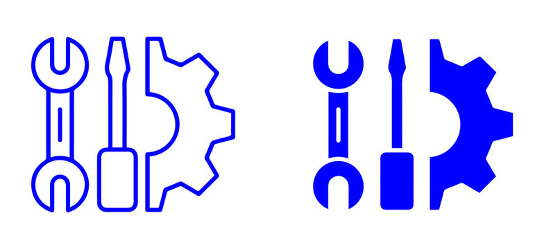 mechanical tools and gear icon. wrench and screwdriver in blue outline and solid style. representing repair engineering maintenance service isolated png design.