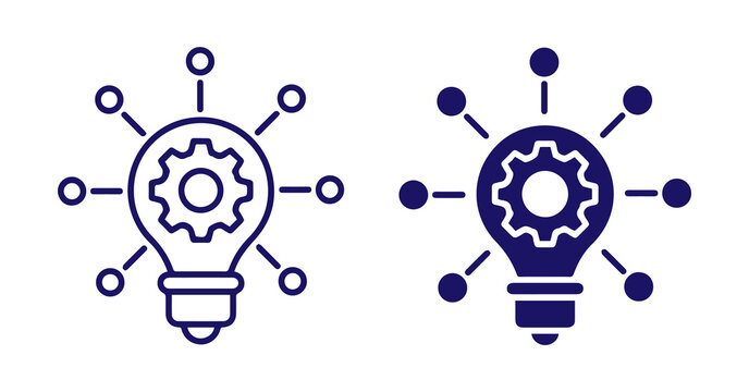 creative light bulb idea icon with gear concept.connection nodes in blue outline and solid style. Technology thinking solution isolated png design.