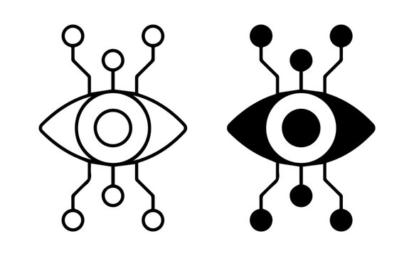abstract eye tech icon with circuit connection nodes in outline and solid style representing digital vision security system isolated png design.