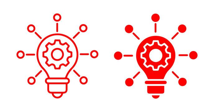 creative light bulb idea icon with gear concept in red outline and solid style representing innovation thinking solution isolated png design.
