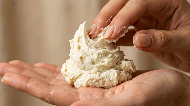 Close-up of hands preparing creamy dough, showcasing texture and tactile sensation, ideal for baking, culinary, and food preparation concepts, with a soft, natural light aesthetic.