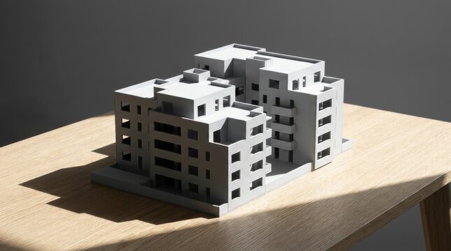 Architectural Scale Model of Modern Residential Apartment Building Complex on Wooden Table with Natural Sunlight and Sharp Shadows for Urban Planning