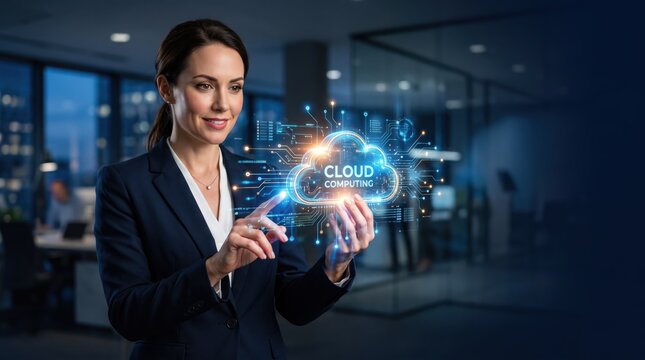 Professional woman touching virtual cloud computing hologram in modern office, illustratings of data storage, server management, software as a service and secure digital