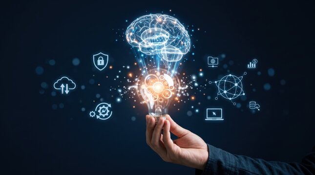 Hand holding light bulb with glowing brain inside representing artificial intelligence innovation, machine learning ideas and creative thinking technology on dark blue.