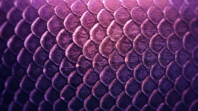 Close up macro shot of purple reptile skin texture with detailed scales pattern, exotic animal surface, fantasy dragon or snake leather design element, vibrant color gradient