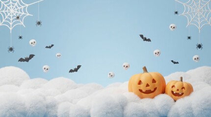 Naklejka premium Cute Halloween pumpkins on cotton clouds background