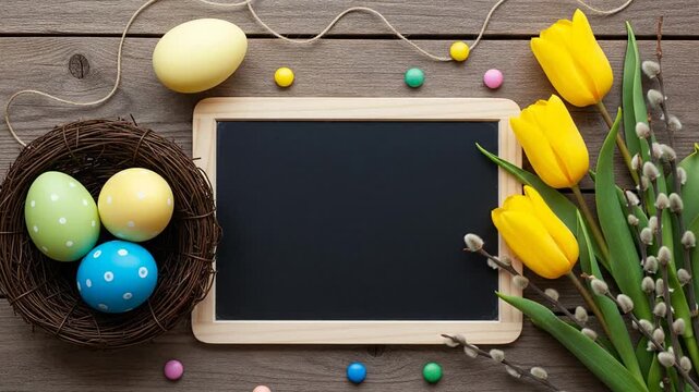 Easter greeting background with painted eggs in nest and yellow tulips on wood