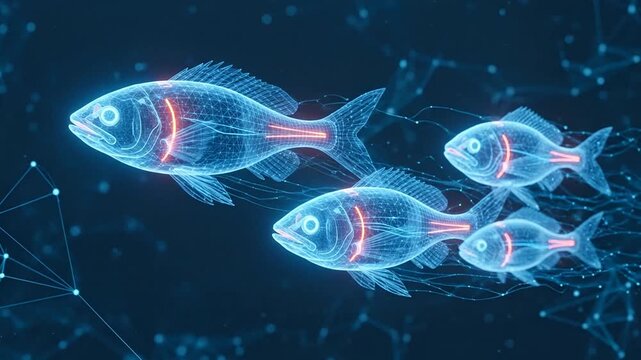 Digital wireframe fish swimming in a futuristic blue data network