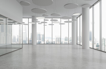 Fototapeta premium Modern office interior with circular pendant lights, minimalist style, concrete floor, city skyline background, business concept. 3D Rendering