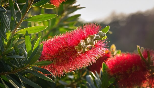 A Vibrant Bottlebrush Blooms Its Crimson Flowers Dangle Among Lush Green Leaves And Unique Seed Pods