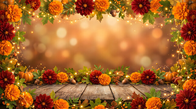 Festive background with marigold flowers and warm bokeh lights for durga puja celebration and traditional indian festival events