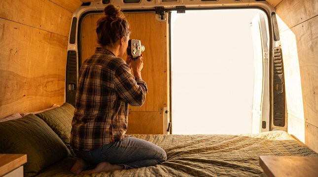 Woman taking photos with vintage camera inside camper van