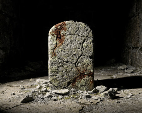 Weathered Blank Stone Tablet in Dark Ruined Chamber