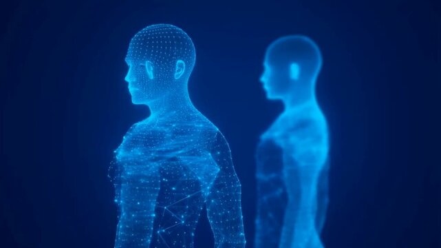 Two digital glowing blue wireframe human figures rotate slowly against a dark blue background, showcasing interconnected tech nodes and data structures.