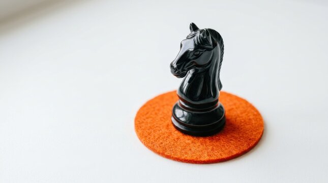 Black Chess Knight Piece Standing On A Round Orange Felt Coaster Isolated On A White Background Representing Strategy Leadership And Business Concept