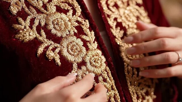 Artisan tracing intricate golden embroidery on fine fabric