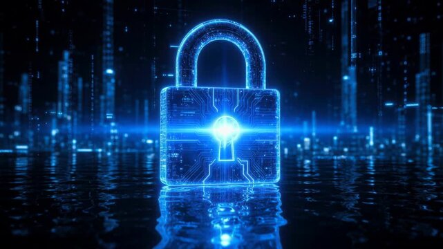 Digital blue glowing lock symbolizing cybersecurity protection and data encryption in futuristic technology