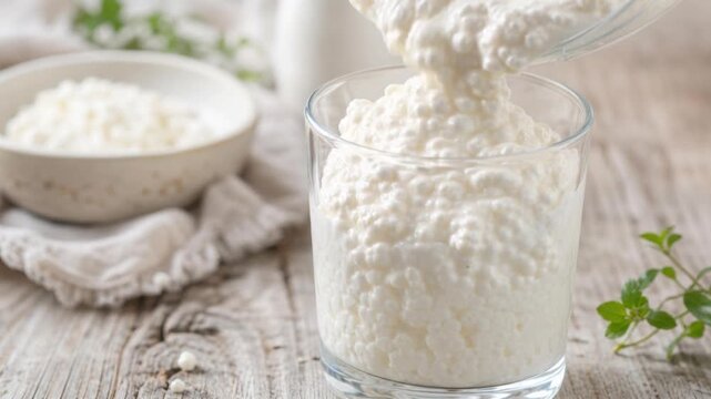 Fresh creamy cottage cheese being poured into a glass on rustic wooden table with bowl and herbs