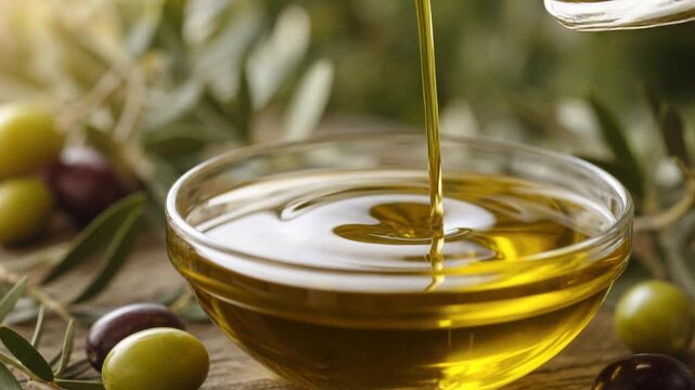 Fresh golden olive oil pouring into glass bowl with olives and leaves on wooden table