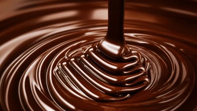 Rich smooth melted chocolate pouring and swirling in glossy texture close up