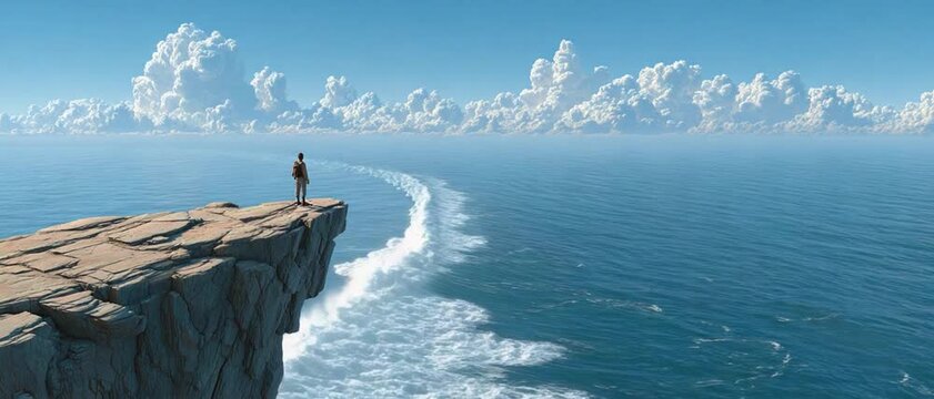 A Solitary Journey: A lone figure stands on the precipice of a cliff, gazing out at the vast expanse of the ocean, with waves crashing against the shore.