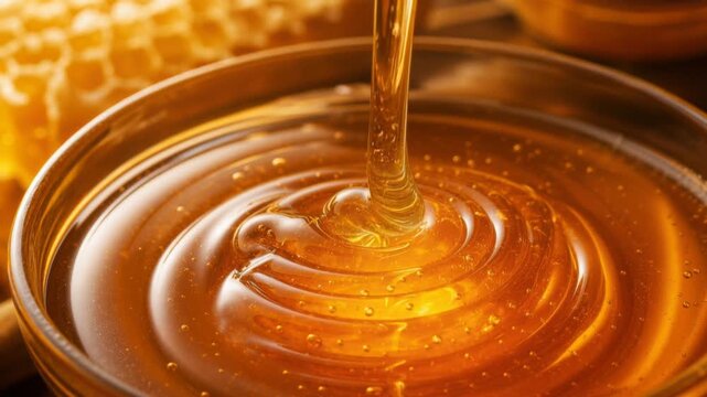 Close up of golden honey pouring into a glass bowl with honeycomb in the background