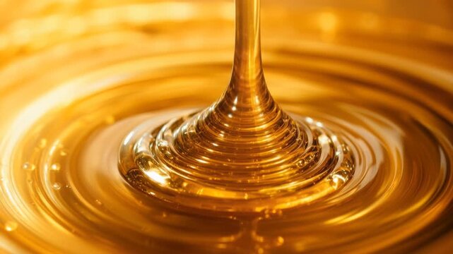 Close up golden honey pouring with smooth glossy texture and rich natural sweetness