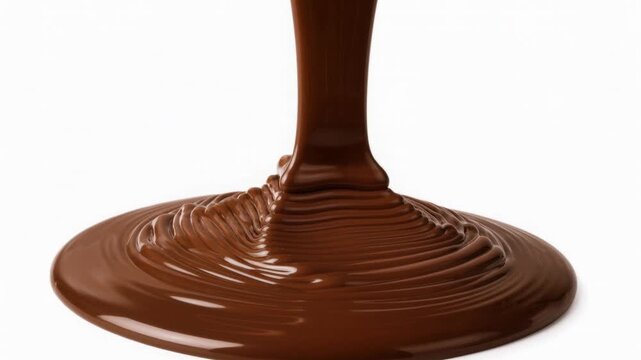Smooth pouring melted chocolate with glossy texture on white background