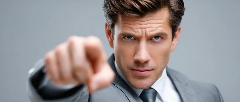 Determined Leader Points Forward: A sharply dressed businessman with a stern expression points directly at the viewer, exuding confidence and an unwavering sense of purpose. His gaze is intense.