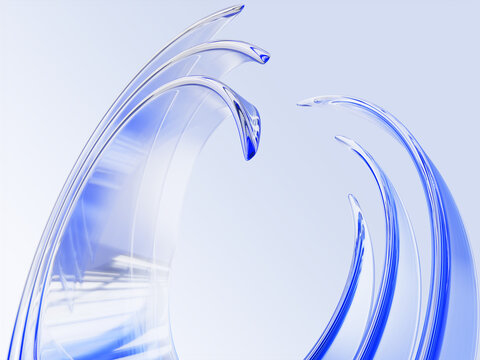 Abstract light blue 3d background with transparent liquid glass ribbons wave lines. Plastic or acrylic curve sheets with sharp edges, layer effect. Water splash or modern tech design. 3D illustration