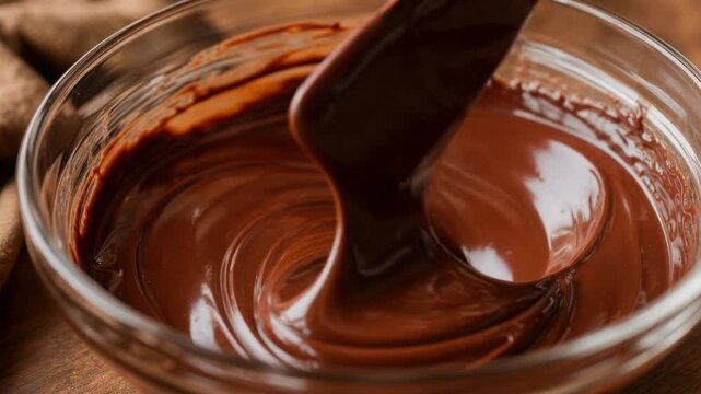 Smooth melted chocolate in glass bowl being stirred with spatula for baking and dessert preparation