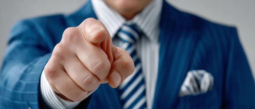 You Are Chosen: A sharply dressed businessman in a blue suit points directly at the viewer, conveying a sense of selection, leadership, or a direct challenge.
