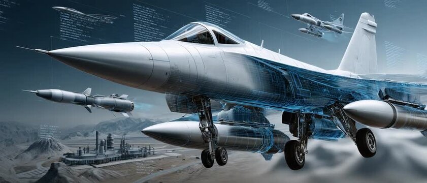 Fighter Jet Blueprint: A sleek fighter jet is depicted with intricate schematic overlays, highlighting its advanced technology and engineering.