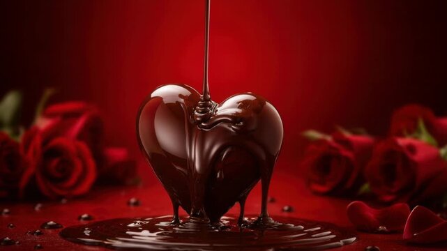Romantic heart shaped chocolate covered with melted chocolate and red roses background for love and Valentine's Day