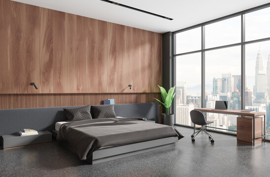 Modern bedroom with wood wall, bed, desk, plant, skyline view, realistic style, polished floor, urban living concept. 3D Rendering