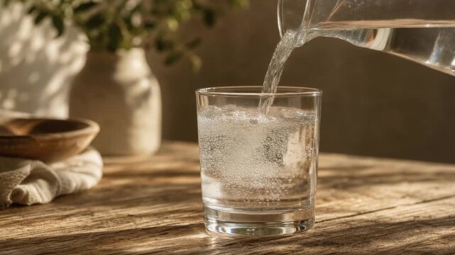 Refreshing clear water being poured into a glass on rustic wooden table with natural sunlight