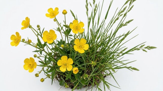 Bright Yellow Buttercup Wildflowers Growing in Green Grass Isolated on White Background Studio Shot of Spring Meadow Plants for Nature Floral Projects