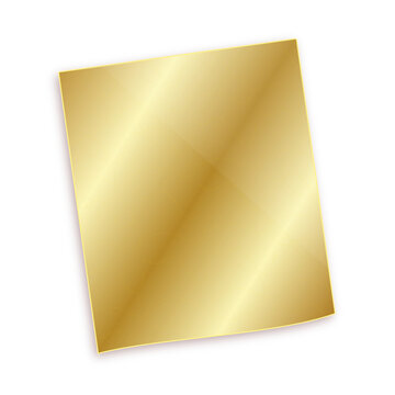 Polished gold metal plate with reflective surface, shiny metallic rectangular sheet, elegant golden plaque isolated on white background