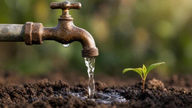 Close up of rusty faucet watering small green plant growing in rich soil with natural sunlight background