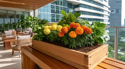 Fototapeta premium Potted marigold flowers on a high rise balcony terrace in the city with marigolds, container