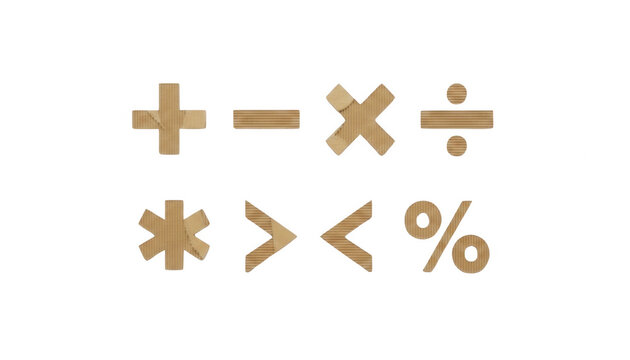 Set of math symbols made from brown cardboard paper texture