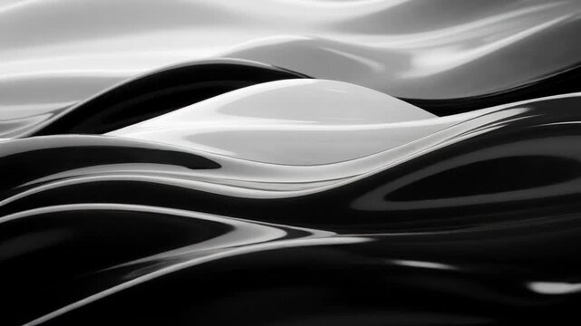 Smooth black and white abstract waves with glossy fluid shapes and flowing reflective surface texture