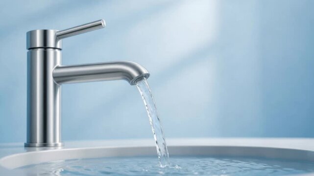 Modern stainless steel bathroom faucet with flowing clean water over white sink against blue background