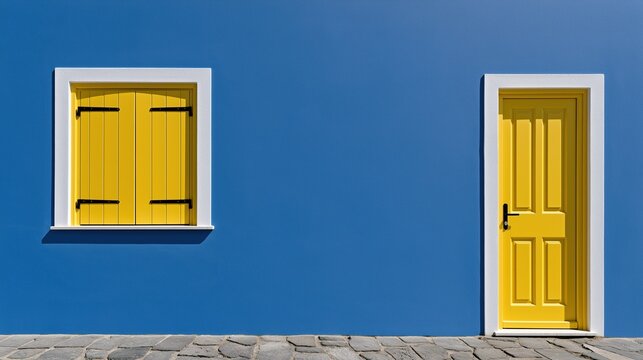 Closed yellow wooden door and shuttered window set on bright blue wall with white trim, on grey cobblestone pavement, classic mediterranean coastal building facade
