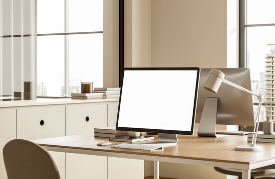 Modern home office with blank computer monitor, desk lamp, books, and city windows in a realistic 3D Rendering, promoting productive remote work