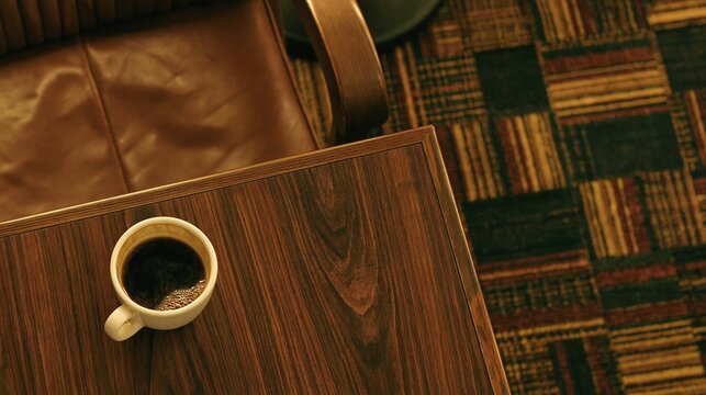 Fresh black coffee in small white cup sitting on dark wooden corner table beside brown leather sofa over checkered woven carpet, warm cozy still life